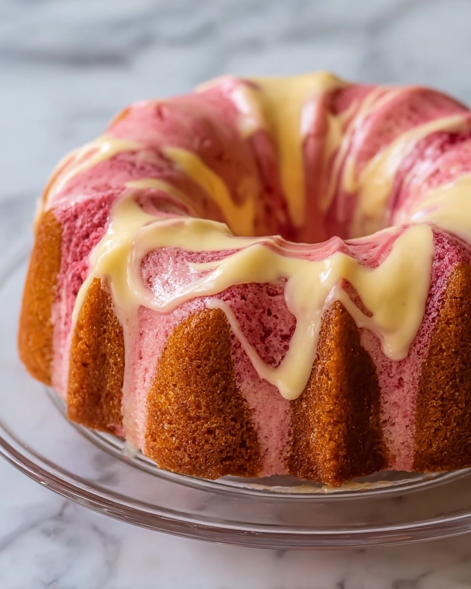 A bundt cake with a thick outer layer in pink and cream colors swirled together, showing a marbled texture. The pink cake has soft, smooth cream streaks running along the outer ridges, while some sections show a slightly browned crust at the base. The cake sits on a clear glass plate, placed on a white marbled surface. The glaze on the cake has a shiny, smooth look that highlights the curves and dips of the bundt shape. photo taken with an iphone --ar 4:5 --v 7