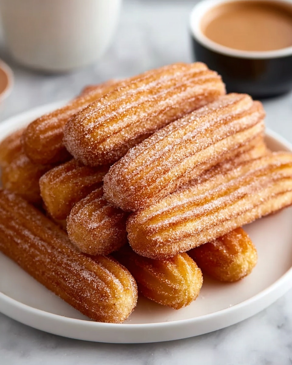 A close-up view of four golden brown churros stacked on a white plate, each churro coated evenly with sparkling sugar crystals that highlight their ridged texture. The churros have a slightly crispy exterior with visible lines and a warm, soft interior hinted by subtle lighter yellow streaks. The layers are tightly packed and arranged diagonally, set against a white marbled surface. Photo taken with an iphone --ar 4:5 --v 7