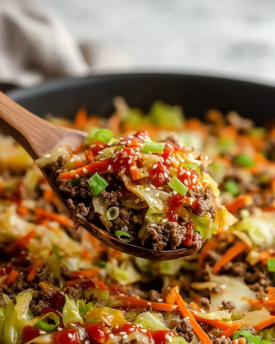 A close-up of a wooden spoon holding a mix of cooked ground beef, light green cabbage pieces, thin orange carrot strips, sliced green onions, and small white sesame seeds sprinkled on top, with a glossy red sauce drizzled over the vegetables and meat. In the background, more of the same mixture fills a shallow black pan. The image is shot on a white marbled texture surface. Photo taken with an iphone --ar 4:5 --v 7