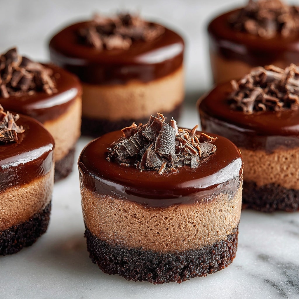 Six mini cheesecakes are arranged in two rows on a white marbled surface. Each cheesecake has three layers: a dark brown crumbly base, a middle light brown creamy layer, and a top glossy dark chocolate layer sprinkled with grated chocolate pieces. The texture of the middle layer looks smooth and rich, while the base appears firm and slightly crumbly. The cheesecakes are well lit, showing their shiny chocolate tops and detailed layers clearly. photo taken with an iphone --ar 4:5 --v 7