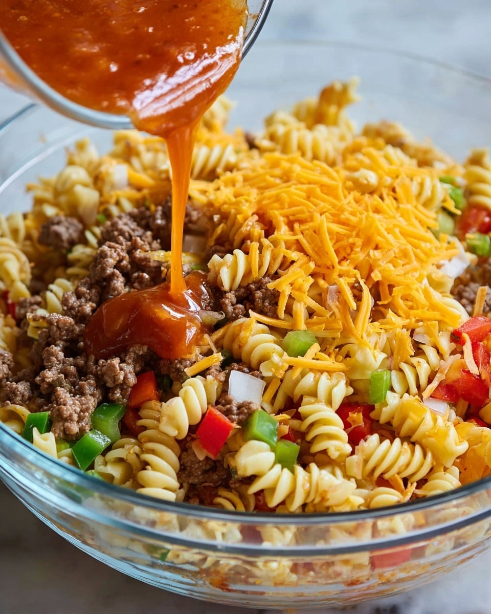 A clear glass bowl filled with a pasta salad that has at least four visible layers: twisted cooked rotini pasta in pale yellow, small chunks of cooked ground beef in brown, shredded cheddar cheese in bright orange, and diced red bell peppers and green peppers scattered throughout. A thick reddish-orange dressing is being poured over the salad, creating a shiny wet layer on top of the other ingredients. The bowl sits on a white marbled surface. photo taken with an iphone --ar 4:5 --v 7