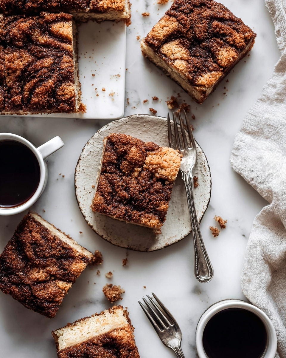 The image shows nine square pieces of cake with a thick, bumpy, dark brown cinnamon swirl layer on top covering the entire surface. The rest of the cake is a light tan color with a soft, spongy texture visible in the cut sides. The pieces sit on white crumpled parchment paper, scattered slightly and some crumbs are around them. The top cinnamon layer has a rough, crumbly look with swirls of dark brown and a shiny glaze. photo taken with an iphone --ar 4:5 --v 7