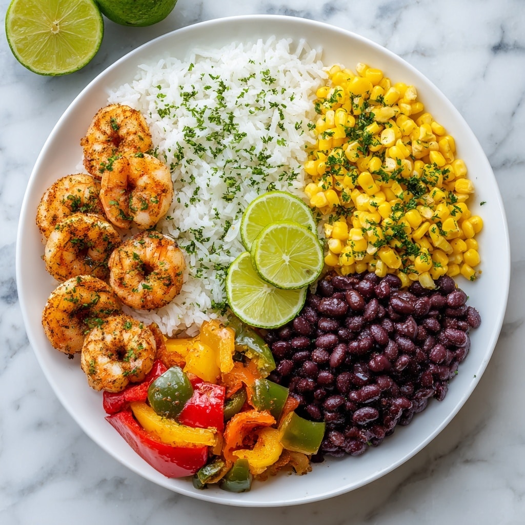 A white round plate holds a vibrant meal with five distinct layers arranged side by side. On the left, a layer of fluffy white rice topped with six golden-brown cooked shrimp sprinkled with green herbs. Next to it, three curved lime slices rest against the rice. Adjacent is a pile of shiny black beans mixed with some white rice grains and green herbs. To the right, a bright yellow layer of corn kernels sprinkled with green herbs. The last layer on the upper right side is a mix of cooked bell peppers and onions in red, yellow, green, and purple colors with a slightly glossy texture. The plate sits on a white marbled surface with a lime partially visible in the background. Photo taken with an iphone --ar 4:5 --v 7