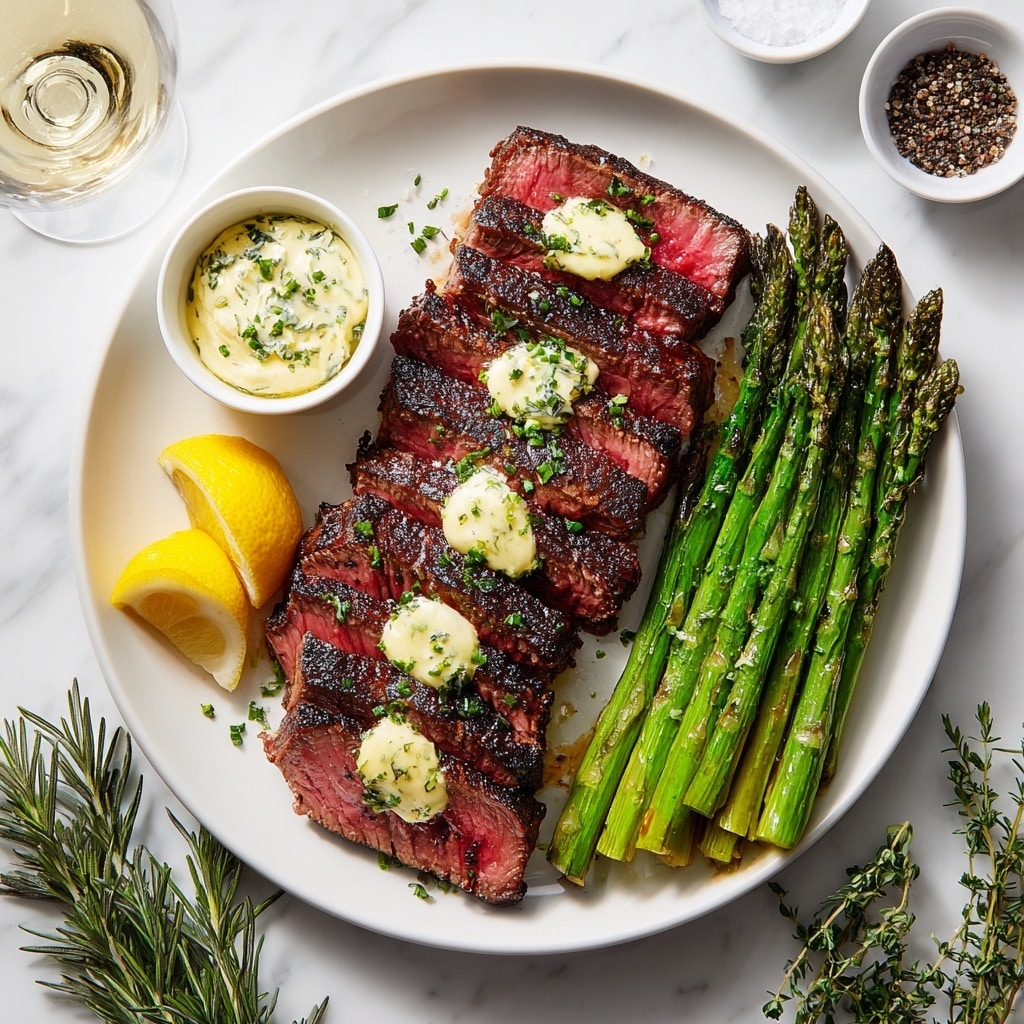 A white oval plate holds a neatly sliced steak arranged in a row with a pink, juicy center and dark seared edges, topped with a light glaze and garnished with small green herbs. On each side of the steak are charred, bright green asparagus stalks with some sprigs of fresh green rosemary and thyme. At the top left and bottom right corners of the plate are two halves of roasted garlic with a browned, textured surface, and three lemon wedges with bright yellow skin are placed around the steak and asparagus. The plate sits on a wooden surface with small white bowls of coarse salt and cracked pepper nearby, and a dark cloth with a bowl of creamy sauce with flecks of seasoning is visible at the lower left corner. Photo taken with an iphone --ar 4:5 --v 7
