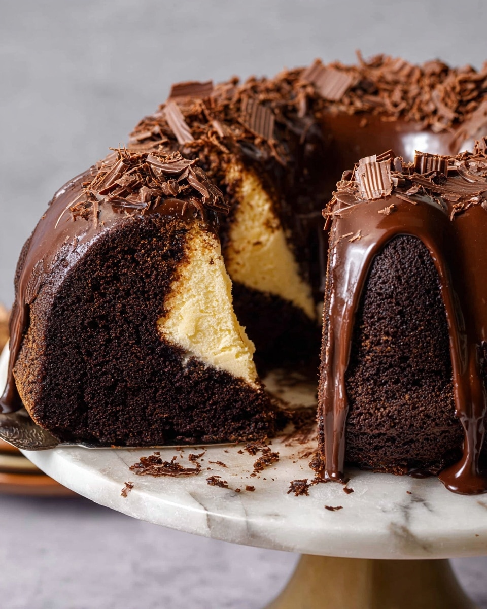 The image shows a chocolate bundt cake with a thick, dark chocolate glaze dripping down the sides. The cake has two main layers: a rich, dark brown chocolate outer layer and a lighter, creamy yellow layer hidden inside near the middle. The top of the cake is decorated with curled chocolate shavings, adding texture and detail. A slice of cake is being lifted, revealing the dense, moist crumb of the chocolate and the smooth inner layer. The cake is placed on a cake stand with a white marbled texture visible in the background. photo taken with an iphone --ar 4:5 --v 7
