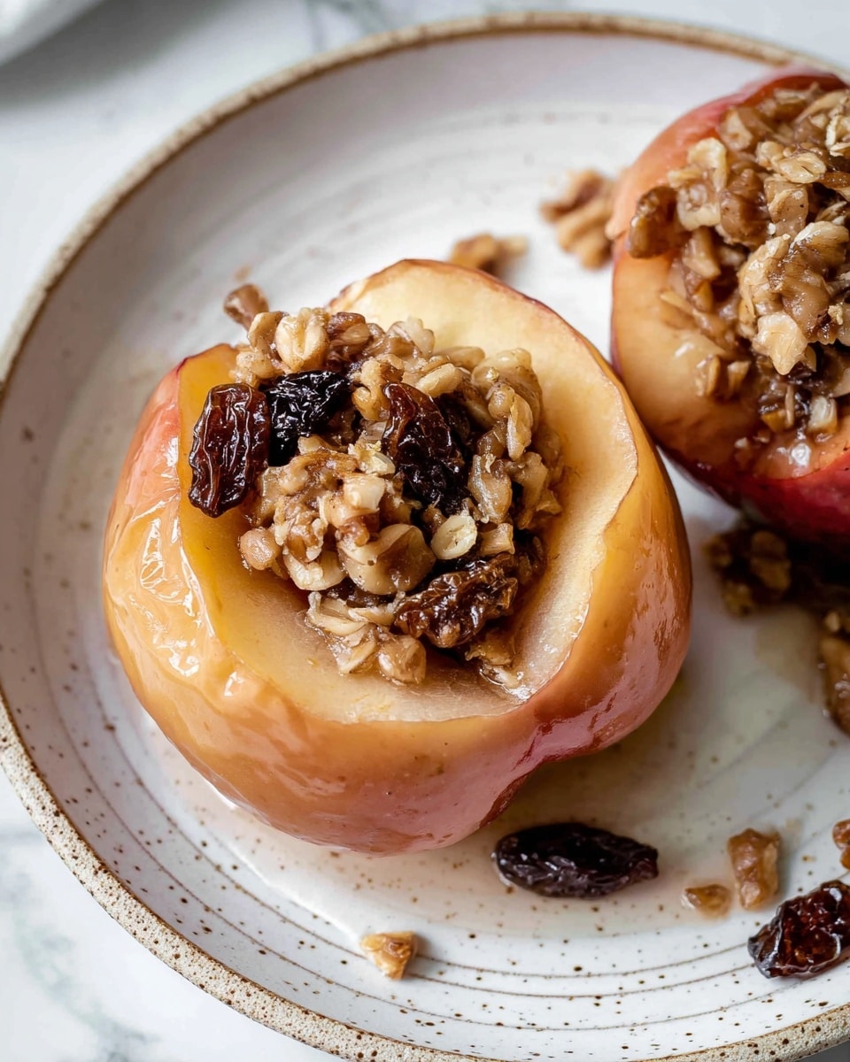 The image shows two baked apples on white speckled plates placed on a white marbled surface. Each apple is soft and wrinkled with a warm brown color, and the tops are hollowed out and filled with a mixture of dark raisins, chopped walnuts, and oats. Extra walnuts and raisins are scattered around the apples on the plates. The scene is bright and clean, highlighting the texture of the baked fruit and the nutty filling. Photo taken with an iphone --ar 4:5 --v 7