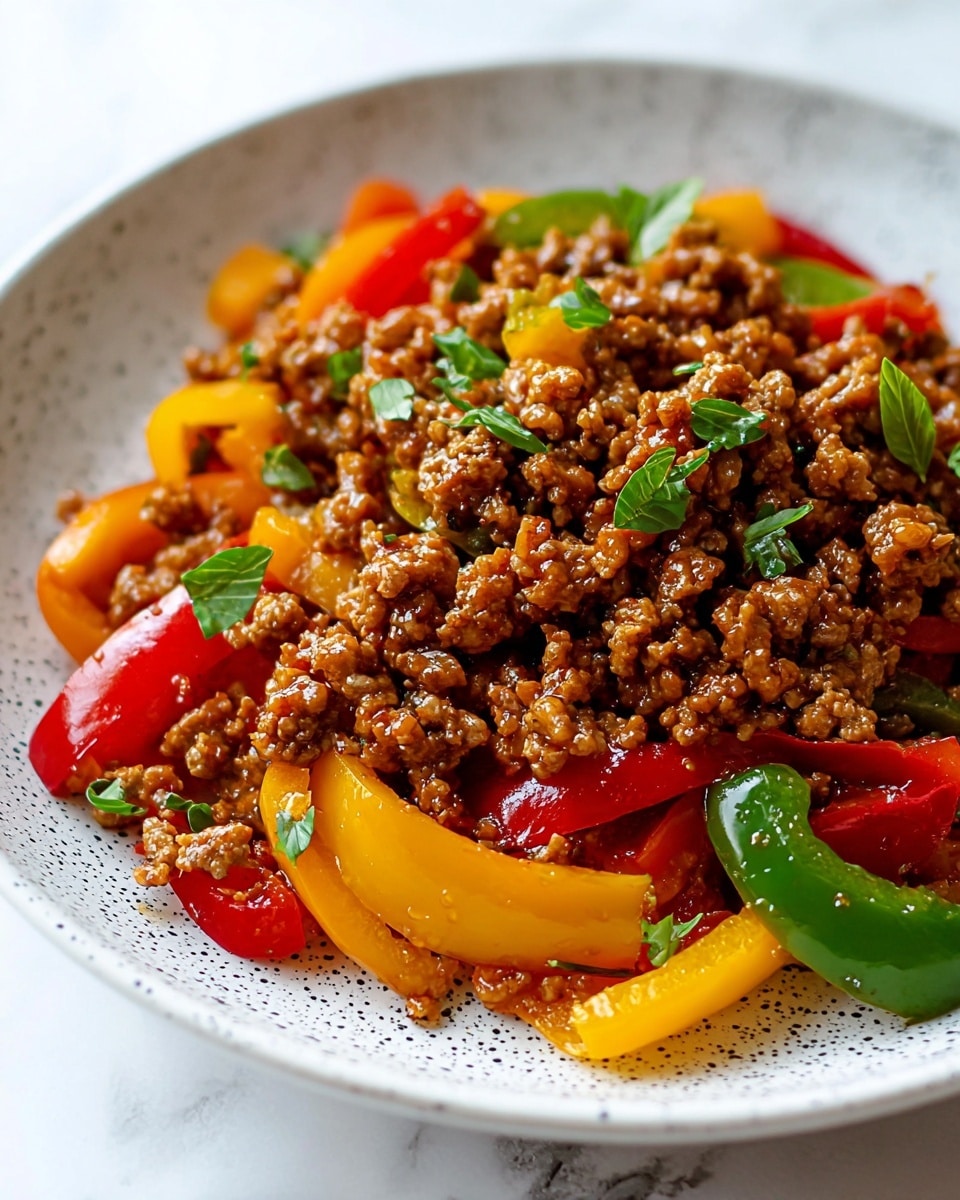 A close-up of a white plate filled with a colorful stir-fry dish showing multiple layers: at the bottom, chopped red and yellow bell peppers with a shiny, smooth texture; above them, a generous layer of cooked ground meat, browned and crumbly, mixed with small green herbs scattered throughout; the top layer has vibrant slices of red and yellow peppers with a glossy finish. The dish looks juicy and well-cooked, with some pieces overlapping each other, all placed on a white marbled surface. Photo taken with an iphone --ar 4:5 --v 7