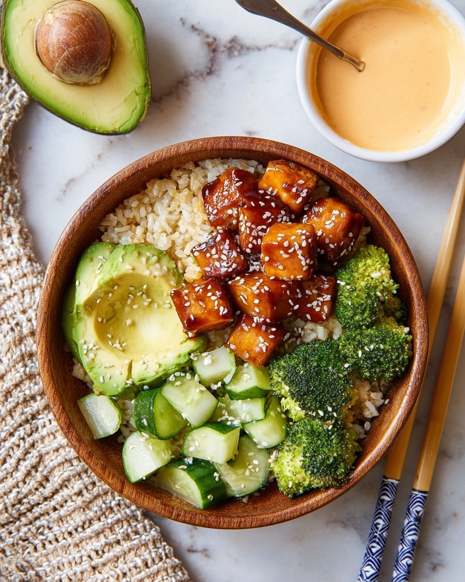 A wooden bowl filled with four main layers starting from the base with light brown rice on one side, bright green broccoli florets and light green cucumber slices placed beside the rice. On top, there are glossy, caramelized orange-brown tofu cubes sprinkled with white sesame seeds, drizzled with a creamy light orange sauce. At the front of the bowl, several pale green avocado slices also have the same creamy light orange sauce drizzled over them. The bowl is set on a white marbled surface with a blurred background. photo taken with an iphone --ar 4:5 --v 7