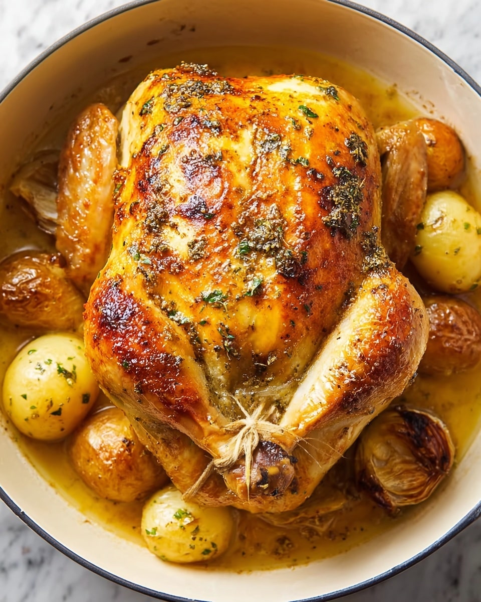 A whole roasted chicken with a golden brown and crispy skin covered in herbs sits in the center of a white bowl, surrounded by small, round, golden roasted potatoes and a few roasted garlic cloves all partially submerged in a light, glossy, golden sauce. The chicken’s legs are tied with twine, and its skin shows blistered spots of darker browning, giving it a textured look. The bowl rests on a white marbled surface, enhancing the warm colors of the dish. Photo taken with an iphone --ar 4:5 --v 7