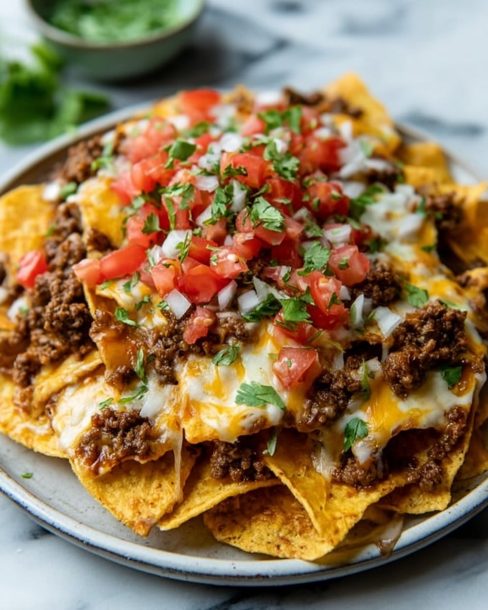 A white plate filled with a thick layer of crispy yellow corn tortilla chips topped with melted light yellow cheese that stretches between the chips, next evenly spread cooked ground beef in brown with some texture, and a fresh layer of diced red tomatoes and white onions mixed with chopped bright green cilantro, creating a colorful and inviting dish. The plate sits on a white marbled surface with a small green bowl blurred in the background. Photo taken with an iphone --ar 4:5 --v 7