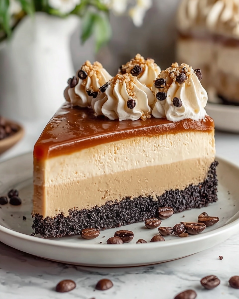 The image shows a slice of coffee-flavored cake on a white plate with a fork beside it. The cake has three layers: a dark brown crumbly base, a thick light beige creamy middle layer, and a shiny caramel-colored top layer. On top of the cake slice, there is a swirl of light cream decorated with dark brown coffee beans and two shiny dark chocolate pieces shaped like coffee beans. The plate also has some coffee beans scattered on the side. The plate sits on a wooden surface with a blurred white ceramic cup and red berries in the background, all on a white marbled texture. photo taken with an iphone --ar 4:5 --v 7