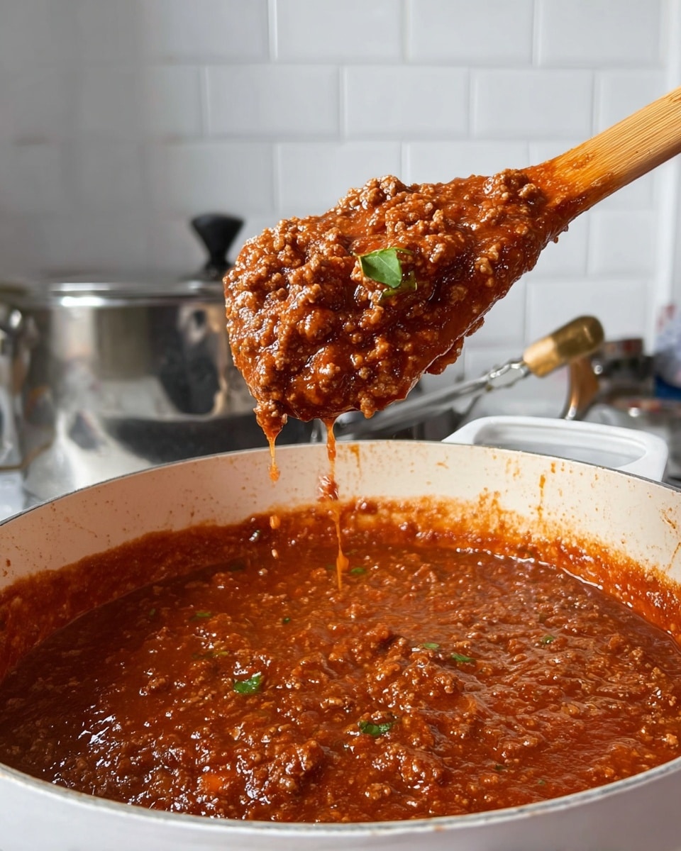 A large white pot filled with rich, thick red tomato meat sauce speckled with bits of ground meat and small chunks of vegetables like carrots and green spinach leaves floating softly on top, a wooden spoon lifting a generous scoop of the chunky sauce with some of it dripping back into the pot, the sauce looking hearty and textured with a glossy shine, set against a white marbled surface and blurred kitchen background. photo taken with an iphone --ar 4:5 --v 7