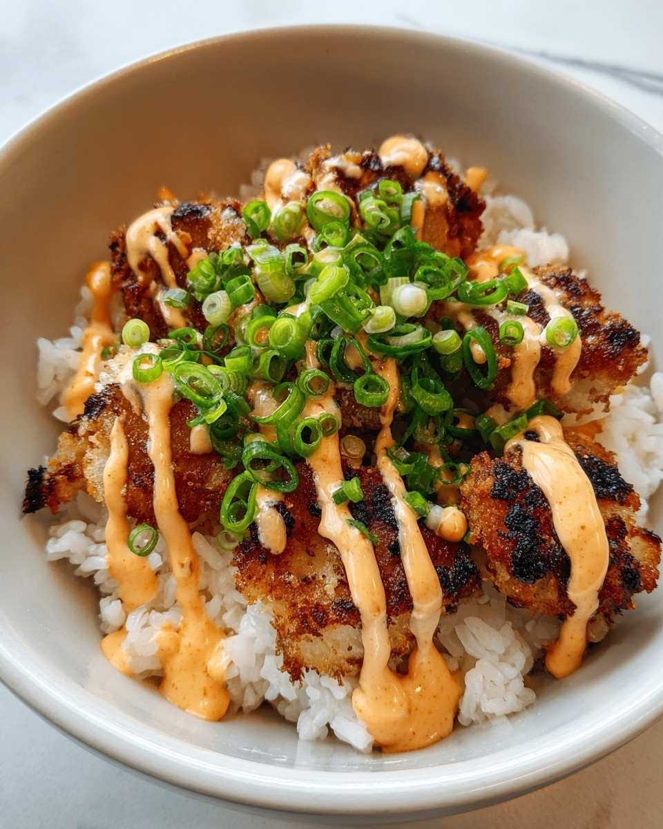 The dish is served in a white bowl with a slightly speckled texture inside, placed on a white marbled surface. The bottom layer consists of fluffy, white rice with individual grains visible. On top of the rice, there are several pieces of golden-brown, crispy fried chicken with some charred edges for texture. The chicken pieces are drizzled with a creamy, light orange sauce in wavy lines. Fresh, bright green chopped scallions are generously sprinkled over the chicken, adding a fresh contrast in color and texture. The image is focused closely on the food, highlighting its vibrant colors and textures. photo taken with an iphone --ar 4:5 --v 7