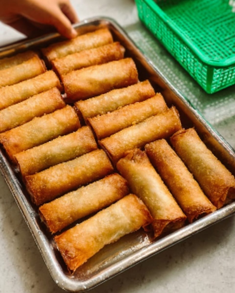 The image shows a metal tray filled with three neat rows of golden brown spring rolls, each roll tightly wrapped and crispy on the outside. The spring rolls are evenly cooked, with a slightly textured surface showing tiny bubbles from frying. In the background, the edges of a green plastic basket and the tips of a woman's hand are visible, reaching towards the tray. The scene is set on a white marbled texture surface. photo taken with an iphone --ar 4:5 --v 7