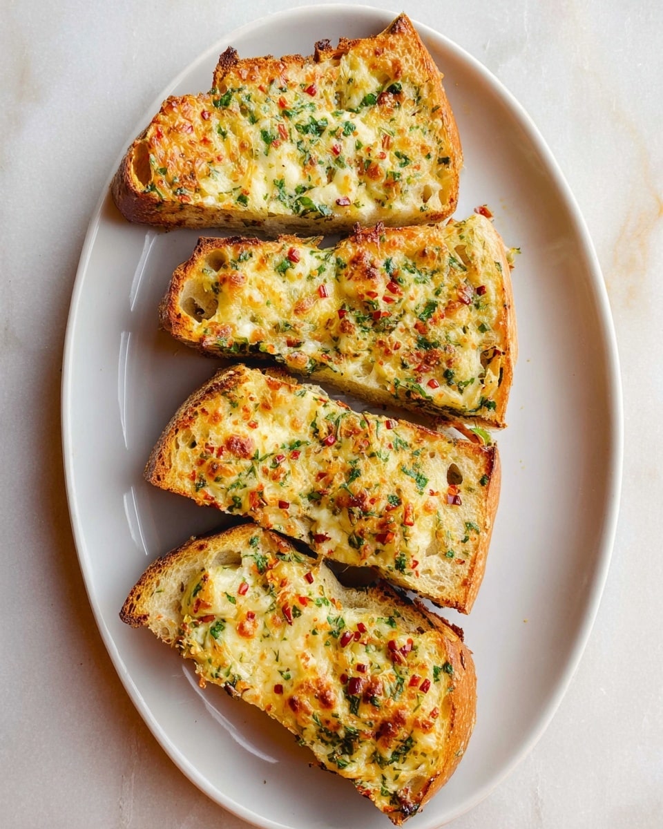 The image shows close-up strips of cheesy bread with three visible layers: a thick golden-brown crust base, a green herb and garlic spread layer next, and a top layer of melted, bubbly white cheese with browned spots. Small green herb pieces and red chili flakes are scattered on top, adding bits of color. The bread texture looks soft inside with a bit of crunch on the edges, and the cheese is glossy and slightly stretchy. The strips are placed tightly next to each other on a white marbled surface. Photo taken with an iphone --ar 4:5 --v 7