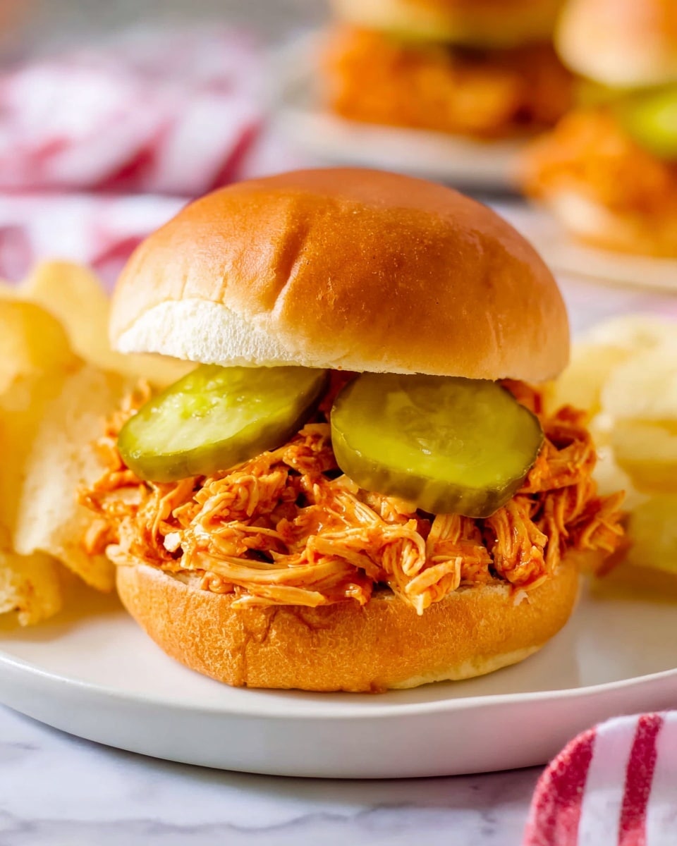 A white plate holds a pulled chicken sandwich made with a soft, golden-brown bun. The bottom bun supports a thick layer of shredded, moist chicken coated in a reddish-orange sauce, giving it a textured and juicy look. On top of the chicken are two bright green pickle slices, sliced evenly and placed side by side under the smooth, rounded top bun. In the background, potato chips and part of another sandwich are visible, all set on a white marbled surface with a red-striped cloth nearby for a cozy feel. Photo taken with an iphone --ar 4:5 --v 7