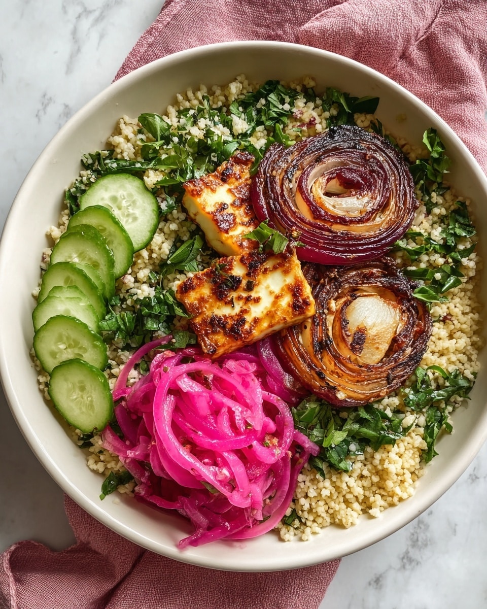 A white bowl filled with a colorful grain salad arranged in four main sections over a base of couscous mixed with chopped greens. On the upper left, bright pink pickled onions are loosely piled, with their glossy texture shining. To the right of the onions, a small round slice of grilled onion has dark char marks and a caramelized surface. Below the grilled onion, golden brown fried halloumi cheese slices with a crispy, slightly bubbly surface are sprinkled with fresh green herbs. On the bottom left, fresh cucumber slices sit on the couscous, also garnished with chopped herbs. The bowl is set on a soft pink cloth on a white marbled surface. photo taken with an iphone --ar 4:5 --v 7