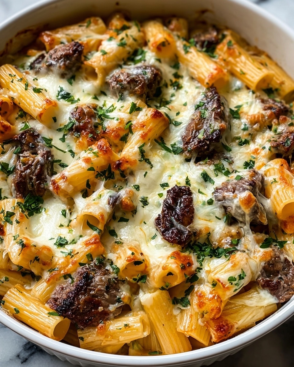 In a white bowl on a white marbled surface, there is a dish with three layers: the base layer is creamy rigatoni pasta, which is golden yellow with a smooth texture, scattered thickly throughout the bowl; the middle layer contains medium-rare steak pieces that are brown on the outside and pinkish-red inside, placed evenly among the pasta; on top, small dollops of white and blue-veined creamy cheese rest, sprinkled with chopped fresh green herbs and a light dusting of black pepper, giving the dish a fresh and textured finish. photo taken with an iphone --ar 4:5 --v 7