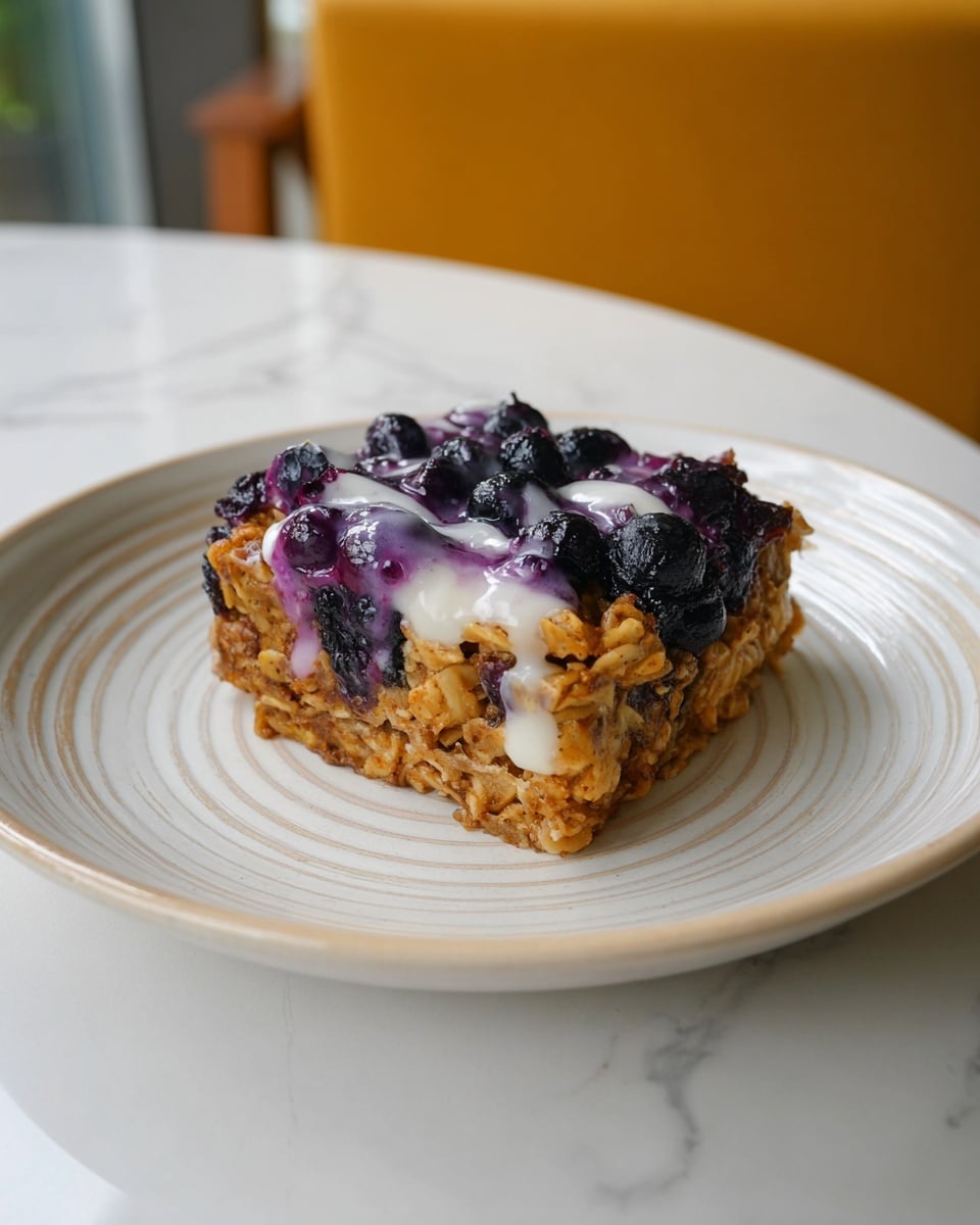 A single square piece of baked oatmeal topped with cooked blueberries and a drizzle of white yogurt sits on a white plate with a subtle circular pattern. The oatmeal base is golden brown, textured with visible oats, and slightly crispy around the edges. The top layer is thick with dark purple blueberries, some whole and some slightly mashed, blending with the creamy white and purple streaks of yogurt. The scene is set on a white marbled surface with a blurred background that includes a honey-colored chair. photo taken with an iphone --ar 4:5 --v 7
