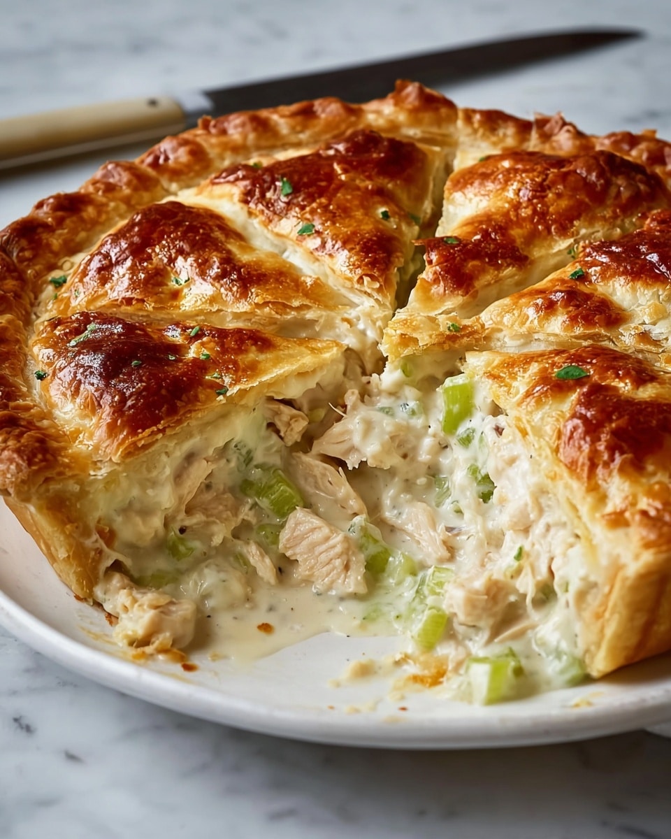A golden brown, flaky pie cut into slices, showing three visible layers inside: a top crust that is shiny and crisp, a middle creamy white sauce mixed with light green celery pieces, and chunks of light beige cooked chicken as the bottom layer. The pie sits on a white plate with a subtle brown edge, and small bits of the filling spill out onto the plate. The background is a white marbled texture with a wooden knife handle in the back. Photo taken with an iphone --ar 4:5 --v 7