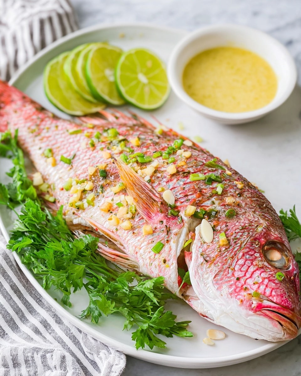 A whole cooked fish with pink and light brown crispy skin lies centered on a white oval plate, garnished with chopped green onions and herbs. Around the fish, there are fresh green parsley leaves. On the right side of the plate, three lime halves rest behind a small white bowl filled with creamy yellow sauce topped with small green herb leaves, with a silver spoon placed inside. The plate is set on a white marbled surface with a folded blue cloth at the top left corner. Photo taken with an iphone --ar 4:5 --v 7
