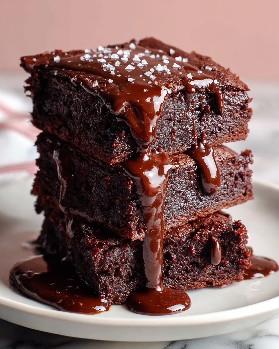 The image shows a stack of three dense, dark brown chocolate brownies placed on a white square plate. Each brownie layer looks moist and slightly crumbly with a rich texture. A glossy chocolate sauce drizzles generously over the top brownie, flowing down the sides and pooling on the plate. Small grains of coarse salt are sprinkled on the top layer, adding a touch of texture and contrast. The background is a softly blurred pink, with the plate resting on a white marbled surface. photo taken with an iphone --ar 4:5 --v 7