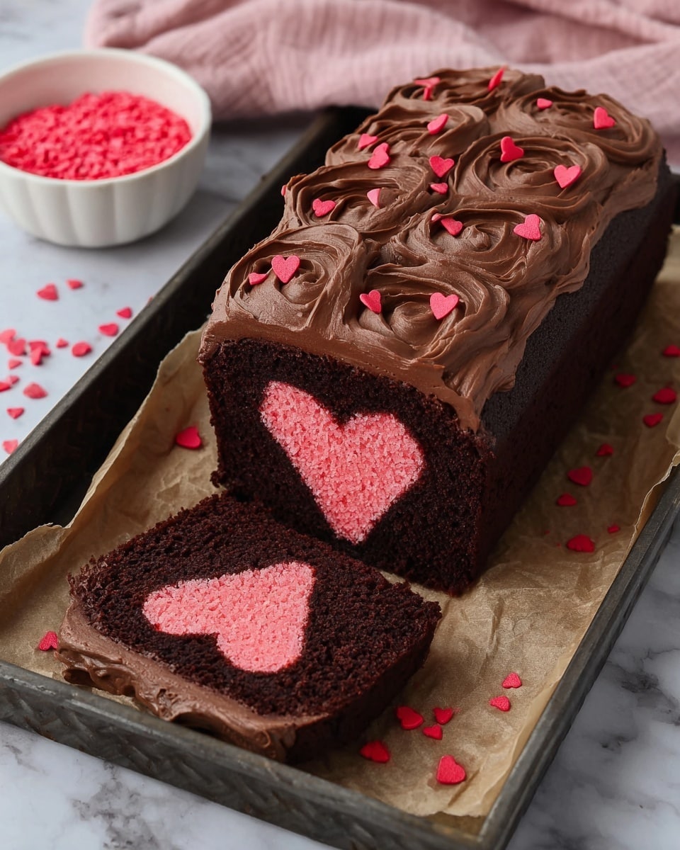 A rectangular chocolate cake with one slice cut showing a bright pink heart shape inside. The cake has dark brown, moist texture with thick swirls of smooth chocolate frosting on top, decorated with small red heart-shaped sprinkles scattered across the frosting and around the cake. The slice lies flat in front of the cake on a piece of brown parchment paper over a black textured tray, all placed on a white marbled surface with a soft pink cloth and white bowl of red heart sprinkles in the background. photo taken with an iphone --ar 4:5 --v 7