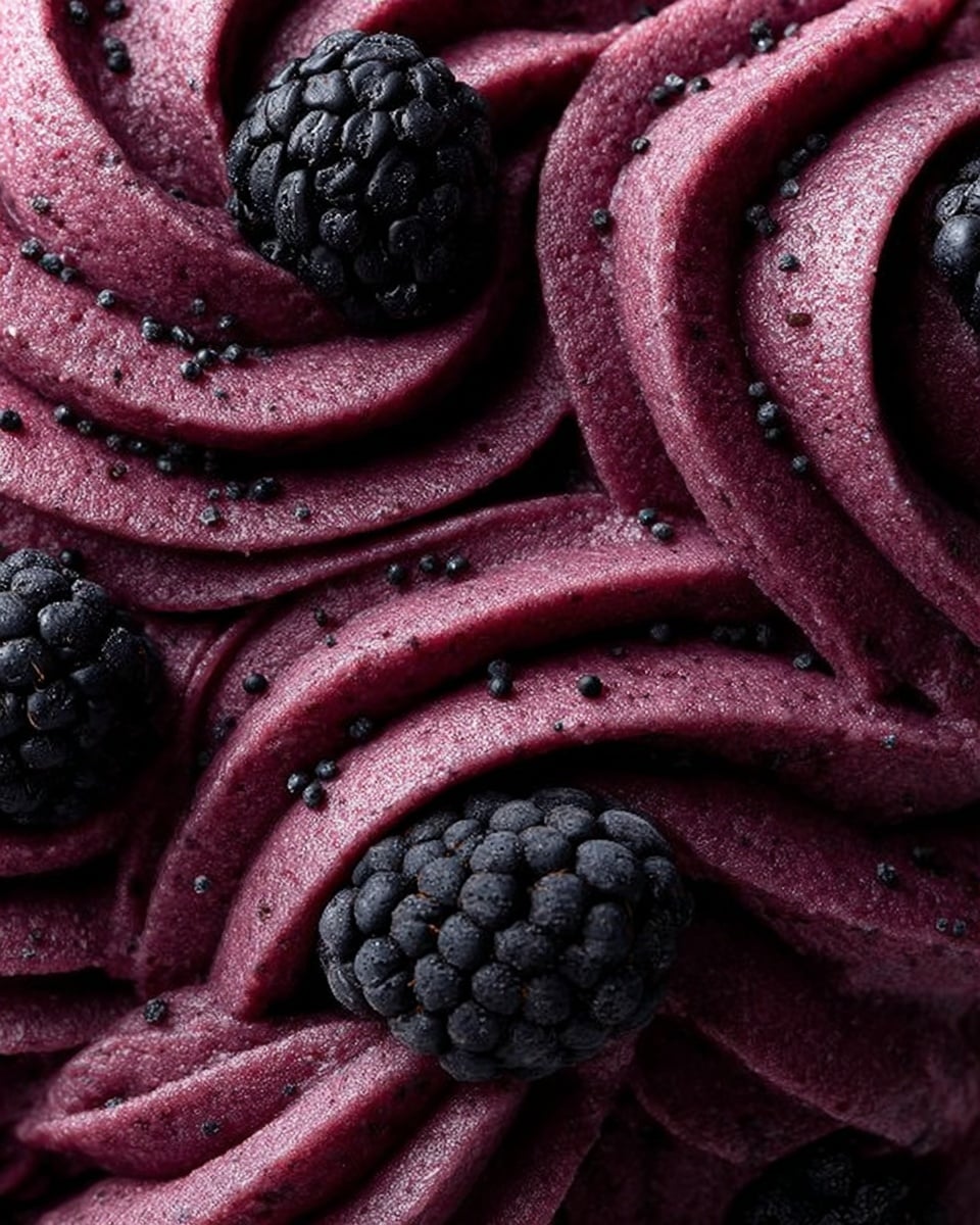 This close-up image shows a rich, dark purple mousse or cream with a smooth, swirled texture, forming many curved, pipe-like layers closely packed together. Scattered on top are a few whole blackberries, their glossy, bumpy surfaces contrasting with the matte mousse. Tiny black seeds or specks are sprinkled over the mousse, adding texture and detail. The dish is set against a white marbled texture background. photo taken with an iphone --ar 4:5 --v 7