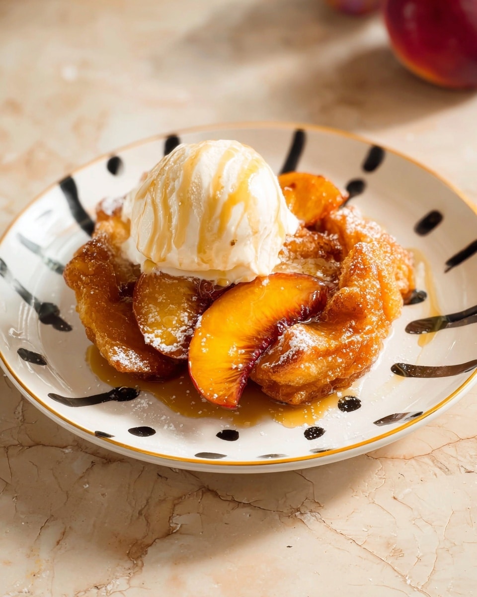 A white plate with black dot and line designs holds a layered dessert featuring soft, golden-brown fried dough pieces at the base, topped with thick slices of caramelized peaches that are deep orange and glossy with syrup. On top of these layers sits a dollop of creamy, white melting ice cream drizzled with light amber honey, creating a mix of smooth and crispy textures. The dessert is set on a white marbled surface with warm lighting that brings out the richness of the colors and textures. photo taken with an iphone --ar 4:5 --v 7