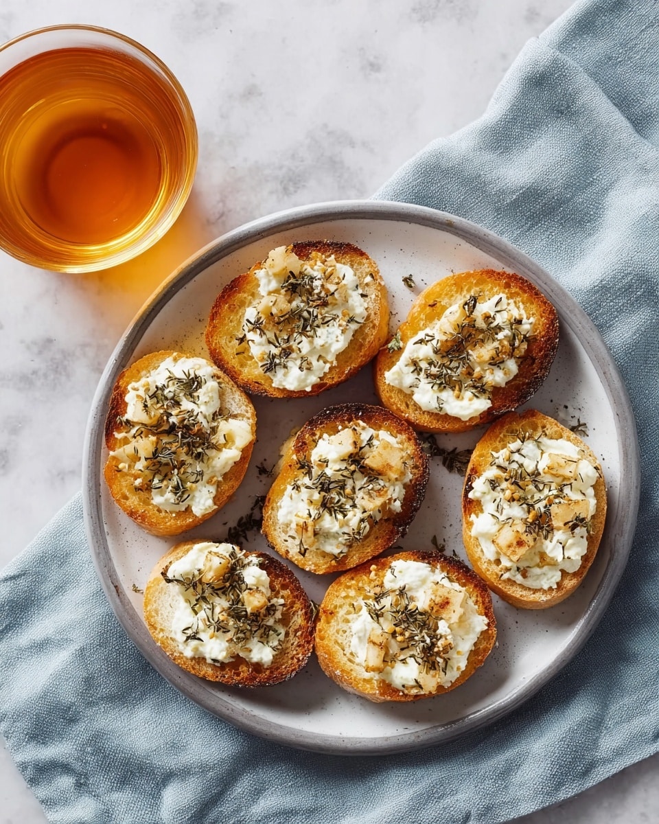 A round white plate holds seven small toasted bread slices arranged in a circle. Each slice has a thick, creamy white topping with lightly browned spots on top, sprinkled with small bits of dried green herbs. The toasted bread underneath is golden brown with a crunchy texture. Next to the plate is a small white bowl filled with amber-colored liquid. Everything is set on a white marbled surface with a light blue cloth partially under the plate. Photo taken with an iphone --ar 4:5 --v 7