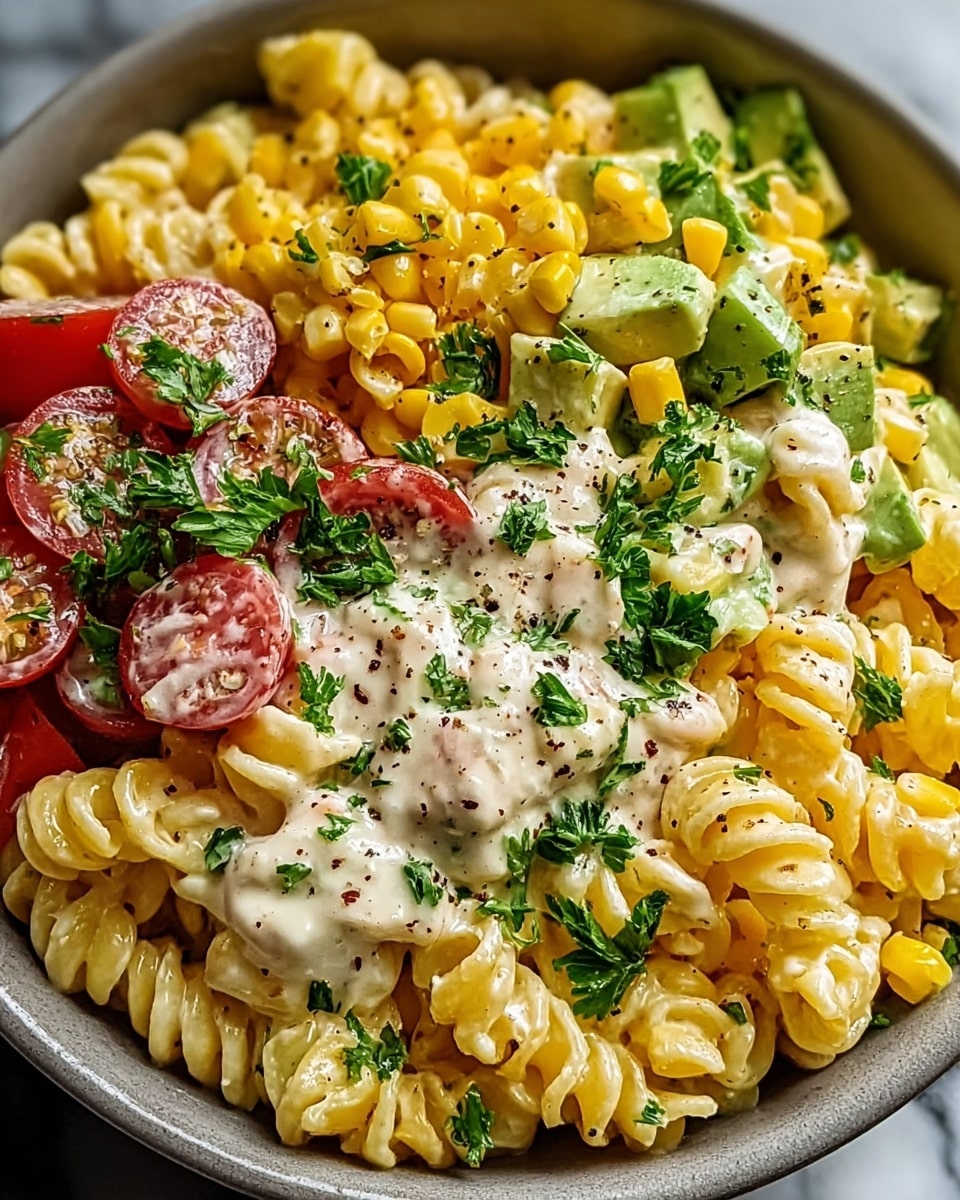 A close-up of a creamy pasta salad served in a white bowl, showing about three layers of ingredients. The bottom and main layer consists of pale yellow spiral pasta coated with a thick, creamy sauce. Mixed within this are bright yellow corn kernels adding pops of color and texture. Scattered throughout are small chunks of green avocado, adding a smooth texture and fresh color contrast. Halved cherry tomatoes with red and pink hues are also visible, adding juiciness and brightness. Fresh green parsley leaves are sprinkled on top for color and a touch of freshness, while a light dusting of cracked black pepper adds contrast and a hint of spice. The bowl sits on a white marbled surface. Photo taken with an iphone --ar 4:5 --v 7