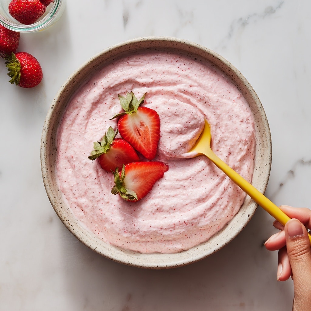 A close-up of a bowl filled with a thick, bubbly pink smoothie or yogurt that has small seeds or fruit bits throughout. The bowl is white and round with a textured edge, filled nearly to the top. On the right side of the bowl, two half strawberries with bright red and white flesh and green leaves rest gently on the surface of the pink mixture. A golden spoon is dipped into the bowl, lifting a rounded scoop of the creamy pink mixture. The bowl sits on a white marbled surface with a soft natural light. Photo taken with an iphone --ar 4:5 --v 7
