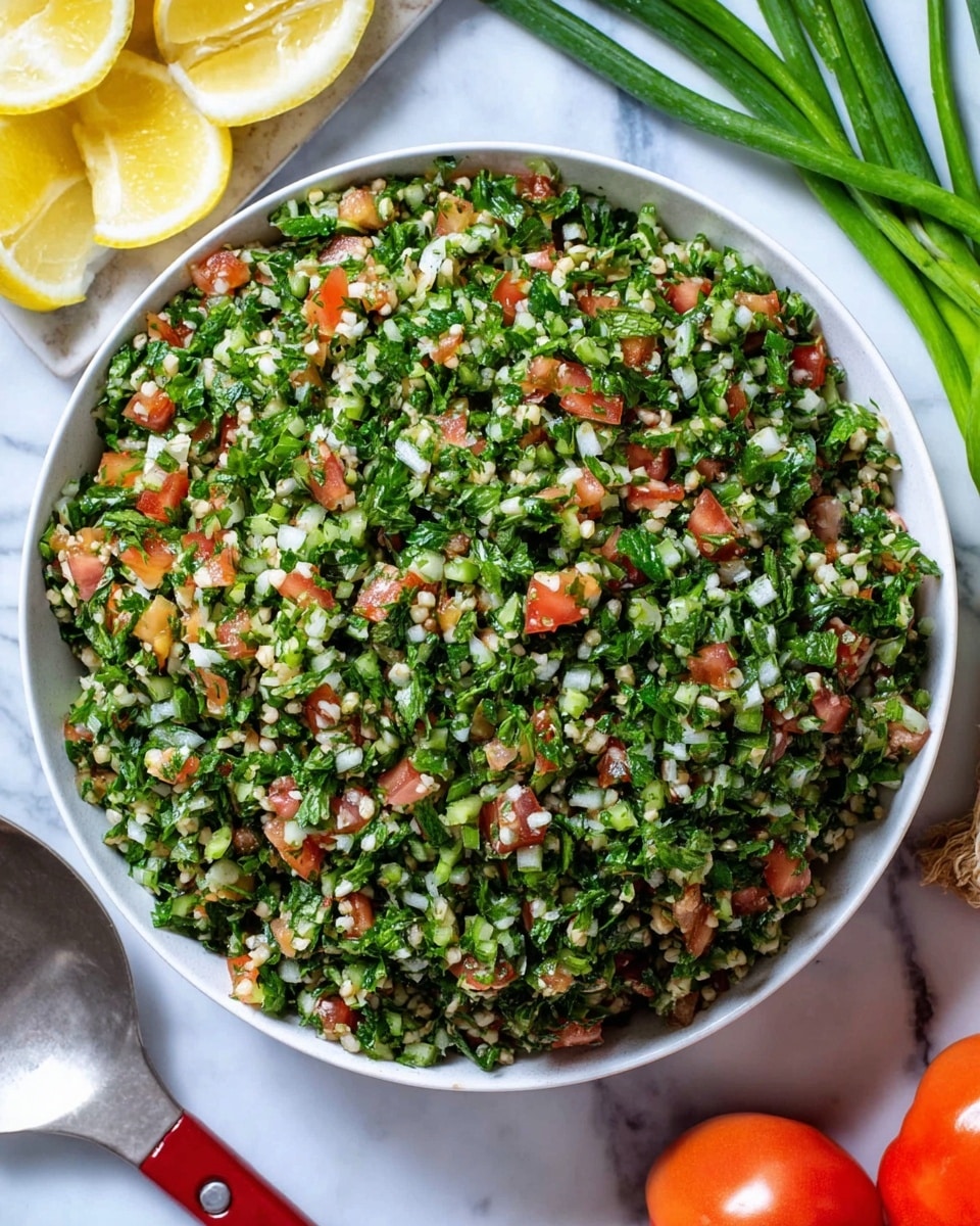 A close-up image of a white bowl with a thin gold rim, filled with finely chopped tabbouleh salad. The salad shows multiple layers of green parsley and mint leaves, small white bulgur grains, and bits of red tomato, all mixed evenly together. The textures vary from leafy and fresh to soft and grainy. Two wooden-handled spatulas with white silicone heads are partially buried in the salad, positioned inside the bowl on a white marbled surface. Photo taken with an iphone --ar 4:5 --v 7