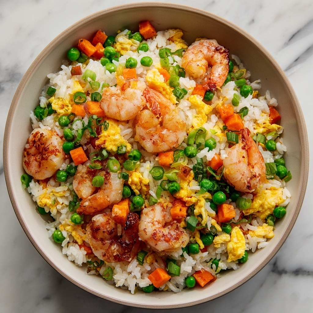 The dish shows a close-up of fried rice with three layers of ingredients visible: the first layer is white grains of rice with a slightly oily texture; the second layer has bright orange carrot cubes, vibrant green peas, and chopped green onions scattered throughout; the top layer features plump, cooked shrimp with a pink and white color, along with small pieces of yellow scrambled egg mixed in. The ingredients are mixed closely together against a white marbled surface. photo taken with an iphone --ar 4:5 --v 7