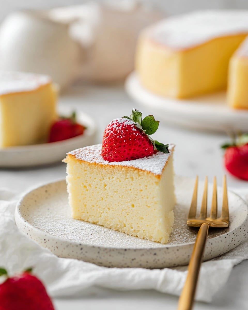 A thick slice of soft, light yellow cake with a smooth texture sits on a white speckled plate. The cake has one layer, dusted lightly with powdered sugar on top. A red half strawberry with green leaves is placed on the top center of the cake slice. In the background, there are more pieces of the same cake and whole strawberries slightly out of focus. A golden fork lies beside the plate on a white cloth, and the whole scene is set on a white marbled surface. Photo taken with an iphone --ar 4:5 --v 7