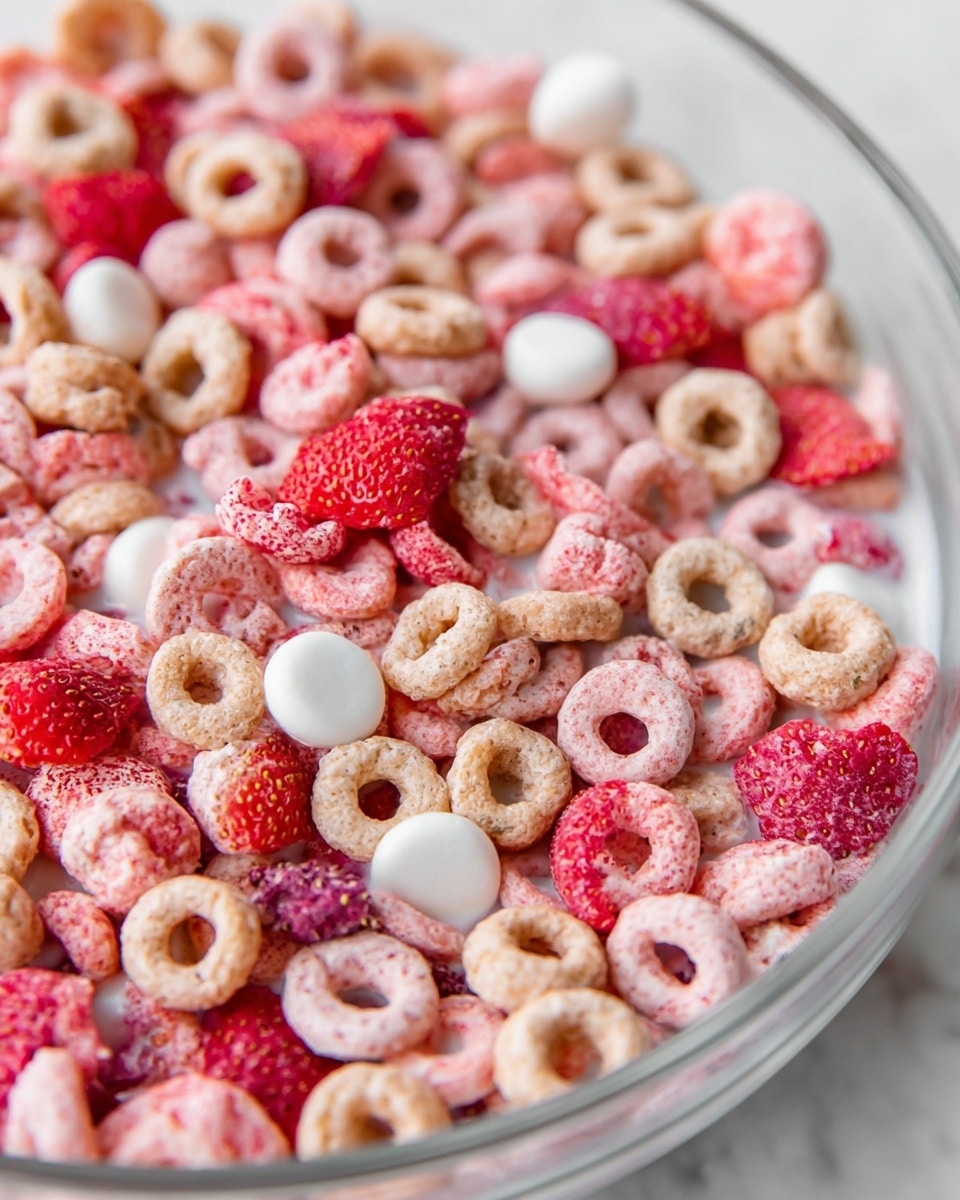A close-up view of a clear bowl filled with breakfast cereal that has small round rings in pale pink and white colors, mixed with thin slices of bright red dried strawberries and small white candy-like pieces scattered throughout. The cereal pieces have a slightly crunchy texture with a mix of smooth and rough surfaces. The bowl sits on a white marbled textured surface. photo taken with an iphone --ar 4:5 --v 7