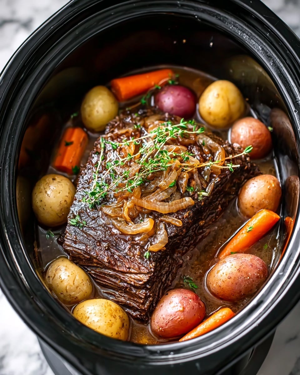 A large piece of dark brown cooked meat sits in the middle of a black slow cooker, topped with golden brown caramelized onions and green thyme sprigs. Surrounding the meat are whole small potatoes in pale yellow and reddish colors, with a few bright orange carrots placed around the edges. The meat and vegetables are all sitting in a light brown broth. The black slow cooker contrasts with the food inside, and the whole scene rests on a white marbled texture. Photo taken with an iphone --ar 4:5 --v 7