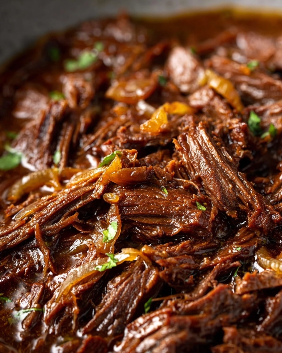 A close-up view of shredded, slow-cooked beef layered in a rich, glossy brown sauce with visible pieces of soft caramelized onions scattered throughout, showing tender meat fibers and juicy texture, all sitting on a white marbled textured surface. The color palette is mostly dark brown with hints of golden yellow from the onions and a few small green herb pieces adding slight contrast. photo taken with an iphone --ar 4:5 --v 7