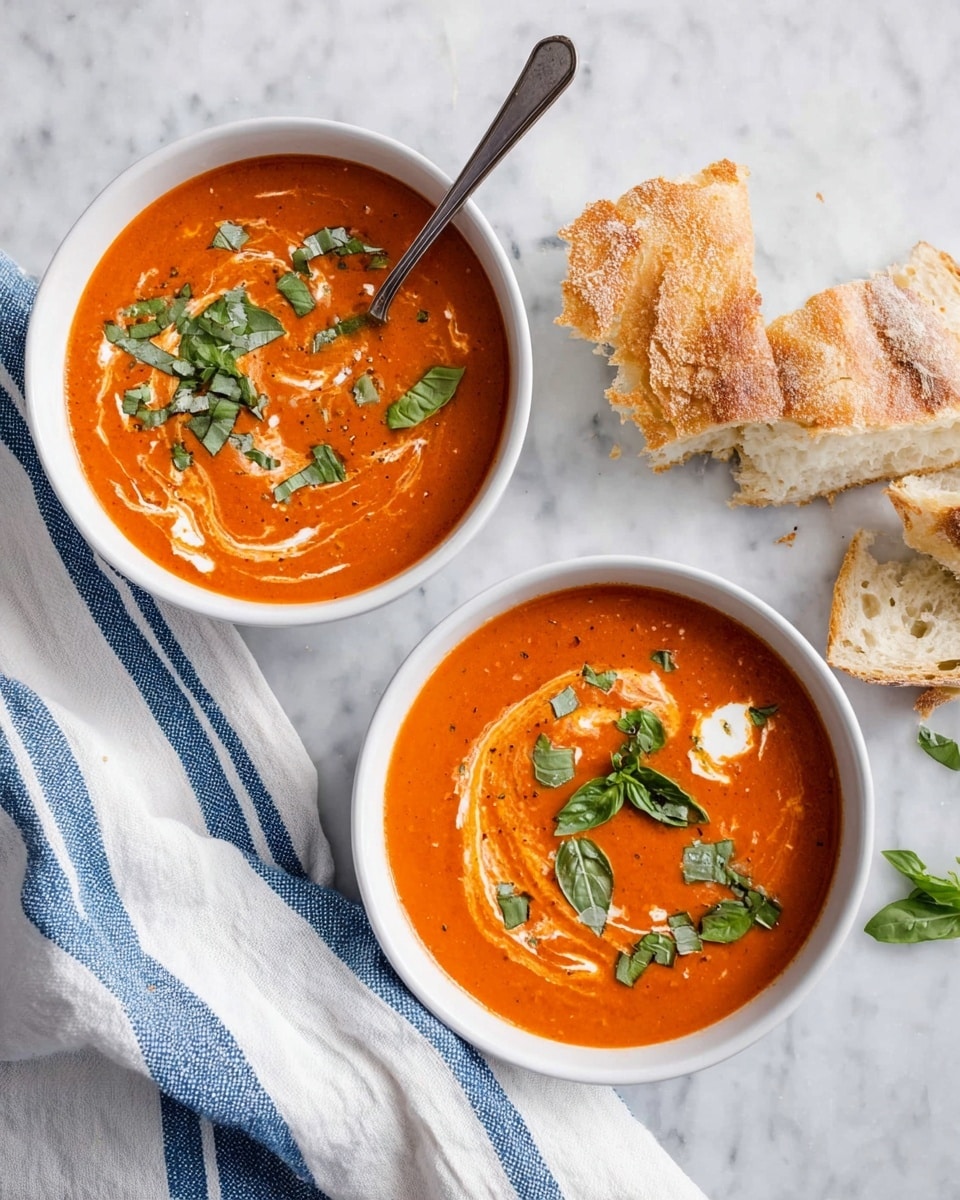 A white bowl filled with red tomato soup, showing a smooth yet slightly chunky texture. On top, thin white cream swirls create a decorative pattern, with scattered fresh green basil leaves adding a fresh contrast. A silver spoon rests inside the bowl. A woman's hand holds a piece of golden-brown crusty bread, dipping it partially into the soup. The bowl sits on a white marbled surface with a blue and white striped cloth nearby. In the background, part of another white bowl with the same soup is visible, decorated similarly with cream and basil. Photo taken with an iphone --ar 4:5 --v 7