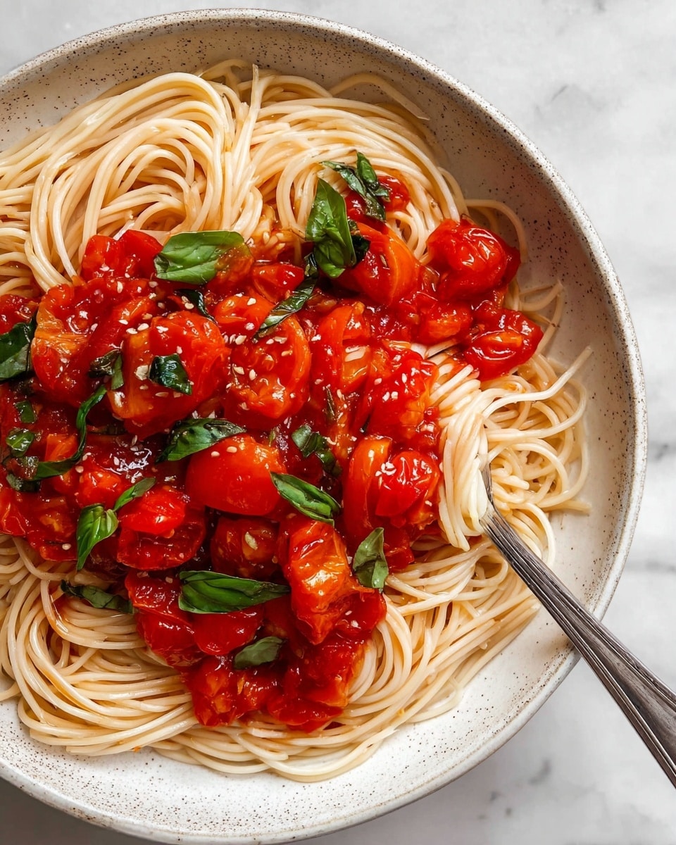 A white bowl with brown speckles is filled with a nest of thin spaghetti noodles forming the base layer, topped unevenly with chunky red tomato sauce and scattered bright green basil leaves, adding color contrast and texture. Two silver forks are placed in the bowl, one on the left side and one on the right side, with the fork on the right lifting some noodles. The bowl sits on a white marbled surface with a light-colored cloth to the upper right, while a few basil leaves are seen in the upper left corner. The overall look is fresh, warm, and rustic. photo taken with an iphone --ar 4:5 --v 7