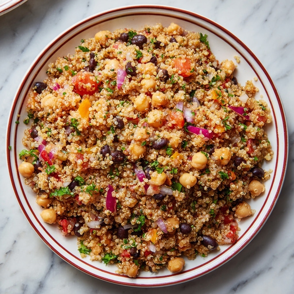 A close-up of a white plate with a red-brown rim filled with a quinoa salad, showing a mix of small, round, light beige quinoa grains evenly spread throughout. The salad includes beige chickpeas, black beans, small red tomato halves, finely chopped red onions, bright orange pieces, and bits of chopped green herbs scattered evenly. The salad has a fresh, moist texture with visible small vegetable pieces balanced in color. The plate sits on a white marbled surface. photo taken with an iphone --ar 4:5 --v 7