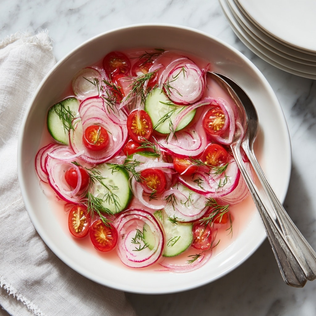 A white bowl sits on a white marbled surface, filled with a fresh vegetable salad. The base layer shows thin, round cucumber slices with a pale green color, mixed with bright red cherry tomato halves. On top of this is a layer of thinly sliced radishes, white with pink-red edges, and thin rings of light purple onion. Small sprigs of fresh green dill are scattered on the salad, with light pink juice pooling at the bottom. A silver spoon rests on the edge of the bowl, partially submerged in the salad. photo taken with an iphone --ar 4:5 --v 7