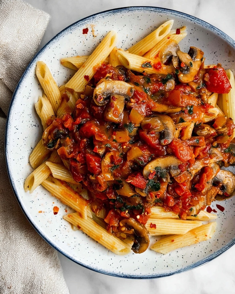 A white plate with a thin blue rim holds a close-up serving of penne pasta mixed with chunky tomato sauce. The dish has three main visible layers: light yellow penne pasta as the base, reddish tomato pieces with a chunky texture spread evenly on top, and sautéed mushroom slices and green herbs scattered throughout. A silver fork with a wooden handle is placed on the plate, with some pasta and sauce caught on its prongs. The plate rests on a light gray linen cloth, with a white marbled background barely visible underneath. photo taken with an iphone --ar 4:5 --v 7