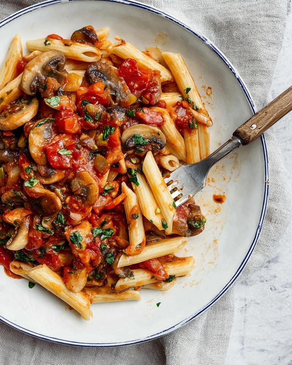 A white speckled plate with a blue rim holds a generous serving of penne pasta mixed with a chunky tomato sauce. The dish has several layers visible: at the bottom, light yellow penne pasta, covered by a thick layer of red tomato sauce with pieces of diced tomatoes and dark green herbs. Mixed throughout are slices of cooked brown mushrooms, and the sauce looks glossy and rich with small red chili flakes scattered on top. The plate rests on a white marbled surface with a light beige cloth partially showing on the left side. Photo taken with an iphone --ar 4:5 --v 7