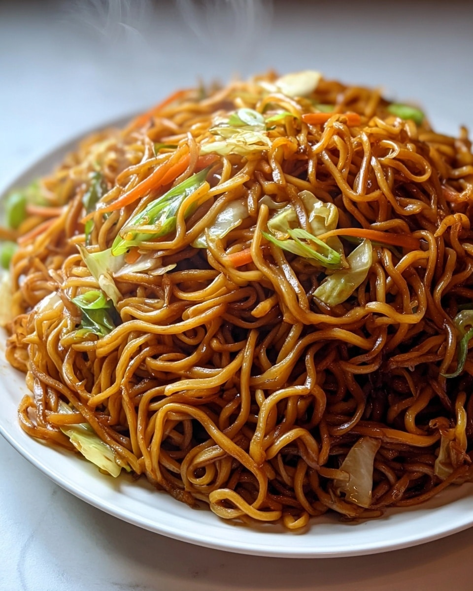 A close-up view of a large pile of stir-fried noodles on a white plate placed on a white marbled texture. The noodles are glossy and brown, softly twisted and tangled together with bits of light orange carrot strips, bright green scallion pieces, and cooked white cabbage chunks mixed throughout, adding color and texture contrast. Steam is gently rising from the warm noodles, emphasizing their fresh and hot appearance. The overall look is shiny and inviting with a mix of soft and slightly crisp vegetable textures. photo taken with an iphone --ar 4:5 --v 7
