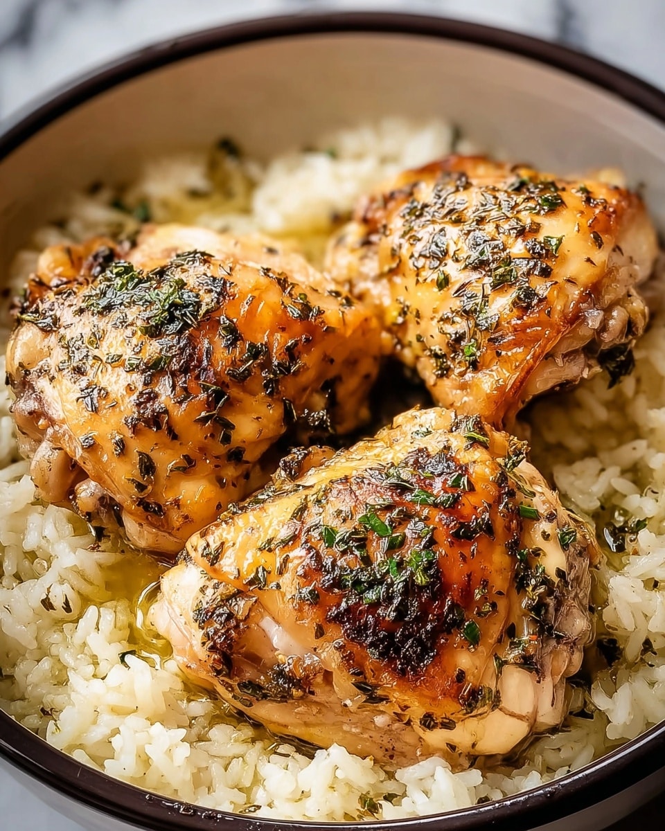 A round white bowl with a dark rim holds three golden-brown baked chicken thighs placed on a bed of cooked white rice. The chicken thighs have crispy, slightly charred skin with visible herbs sprinkled on top, showing green flecks of parsley or similar. The rice underneath looks moist and fluffy, partly soaked in juices released from the chicken. The bowl rests on a white marbled surface, and the image is clear and close-up, focusing on the textures of the chicken and rice. photo taken with an iphone --ar 4:5 --v 7