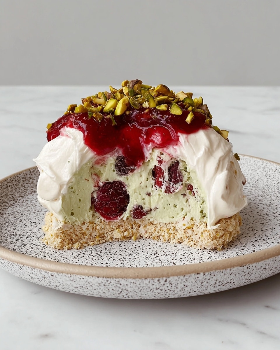 A single slice of dessert with three main layers sits on a white speckled plate set on a white marbled surface. The bottom layer is a light, fluffy white meringue base with a slightly rough texture. Above this is a thick layer of pale pink cream, smooth and soft, surrounding a center of bright red raspberry jam, which looks glossy and slightly chunky with visible fruit seeds. The whole slice is topped with whipped white cream, decorated with two whole red raspberries and scattered green pistachio nuts. The whipped cream around the edges is fluffy and swirled. Photo taken with an iphone --ar 4:5 --v 7