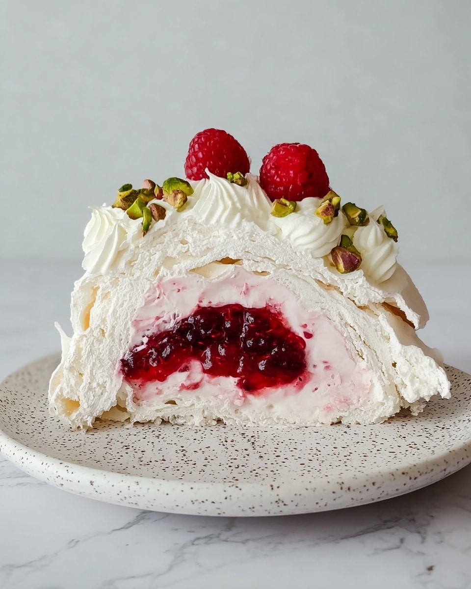 A dessert with four main layers sits on a white plate with a speckled gray pattern. The bottom layer is a light beige crunchy base with a crumbly texture. Inside this base is a thick pale green mousse or cream filling mixed with whole dark red raspberries and green pistachio nuts. On top of this is a layer of white whipped cream, soft and fluffy, spread unevenly around the dessert. Over the cream is a glossy, deep red berry sauce drizzled generously, with green pistachio nuts scattered on top, adding a slight crunchy texture. The dessert is positioned on a white marbled surface. Photo taken with an iphone --ar 4:5 --v 7