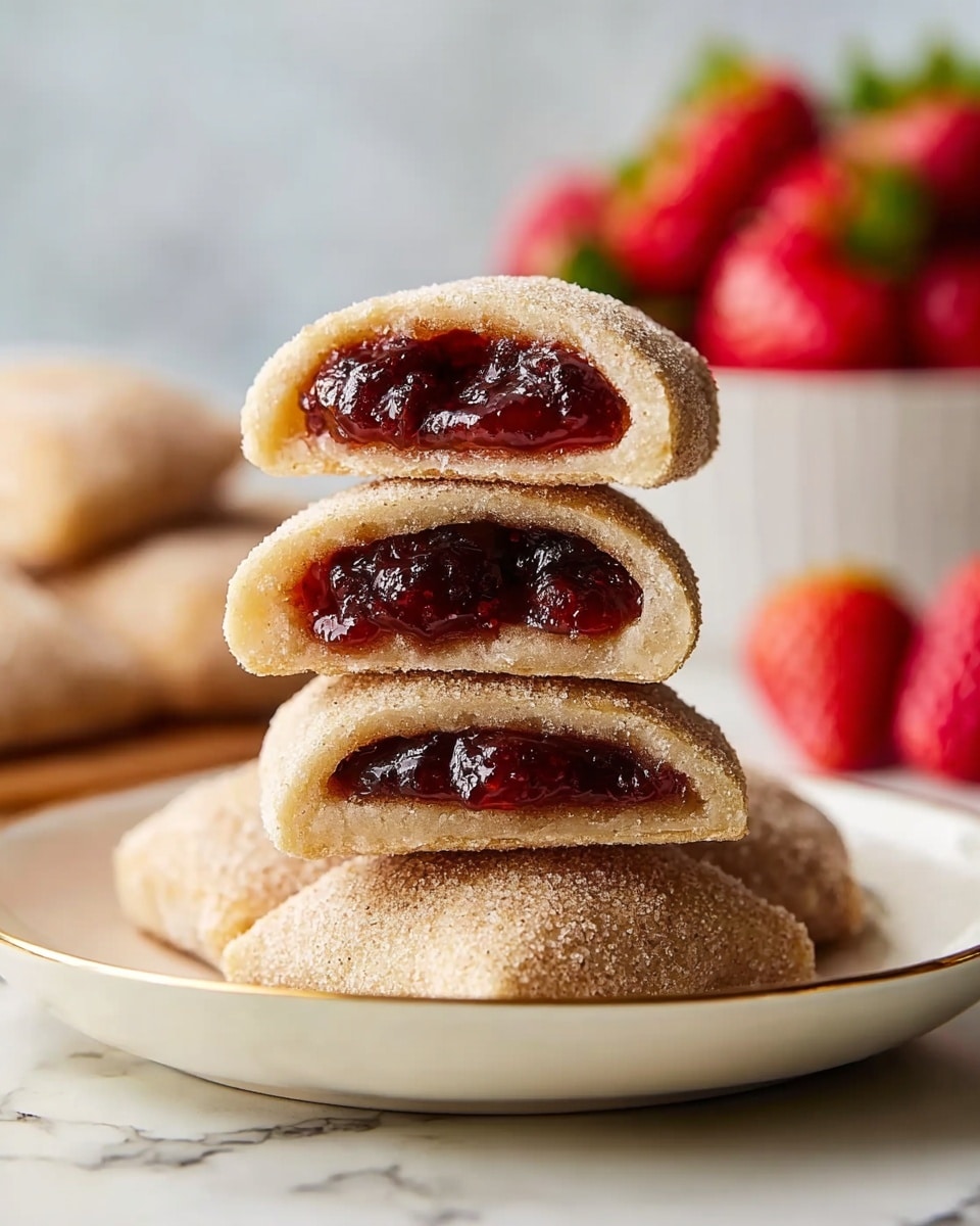 A white plate with a thin gold rim holds a stack of four folded pastries, three stacked vertically and one lying next to them. Each pastry is cut in half, showing two layers: a soft, light tan dough on the outside and a shiny, dark red fruit filling on the inside. The dough looks soft and slightly textured, while the filling appears thick and glossy. In the background, there is a blurred white bowl filled with fresh red strawberries, set against a white marbled surface. Photo taken with an iphone --ar 4:5 --v 7