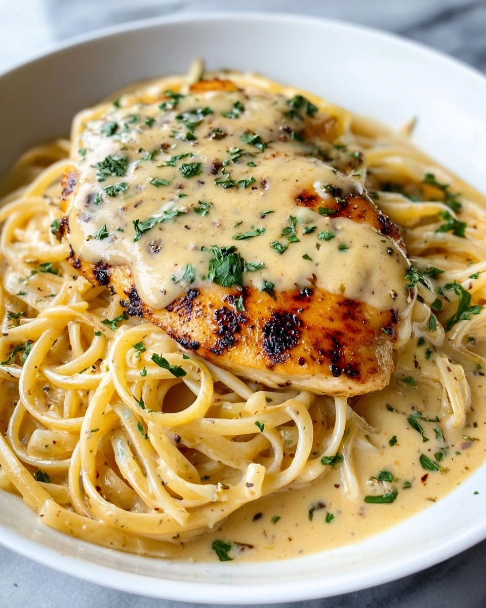 A white bowl holds a round, golden-brown grilled chicken breast with visible char marks and black pepper seasoning on top. The chicken is covered partly with a smooth, creamy beige sauce, garnished with small green herb leaves. Beneath the chicken, there is a nest of creamy spaghetti pasta coated with the same sauce and sprinkled with tiny bits of herbs. The whole dish sits on a white marbled surface. photo taken with an iphone --ar 4:5 --v 7